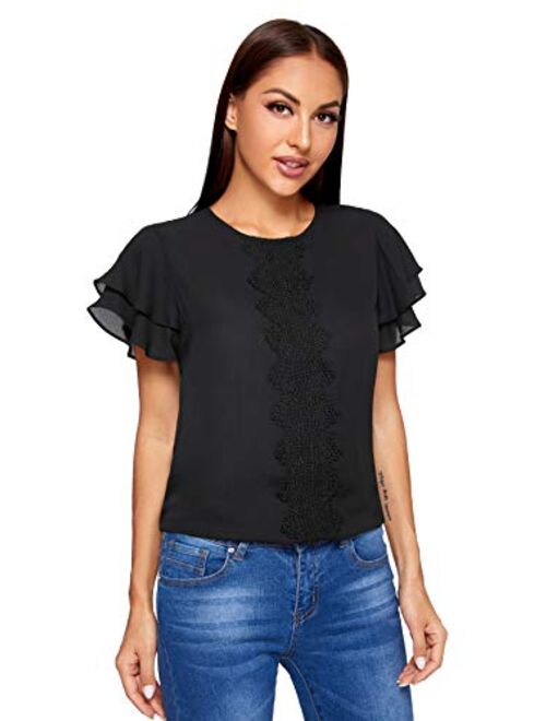 SheIn Women's Summer Ruffle Short Sleeve Lace Chiffon Blouse Workwear Top Shirts