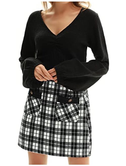 Belle Poque Women's High Waist Mini Skirt Tweed A-Line Pencil Skirt with Pocket