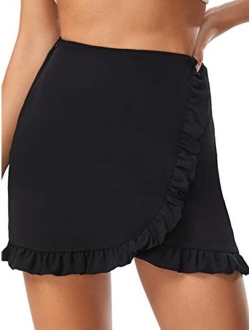 Women's Mid Waist Ruffle Wrap Skorts Asymmetrical Plain Skirt Shorts