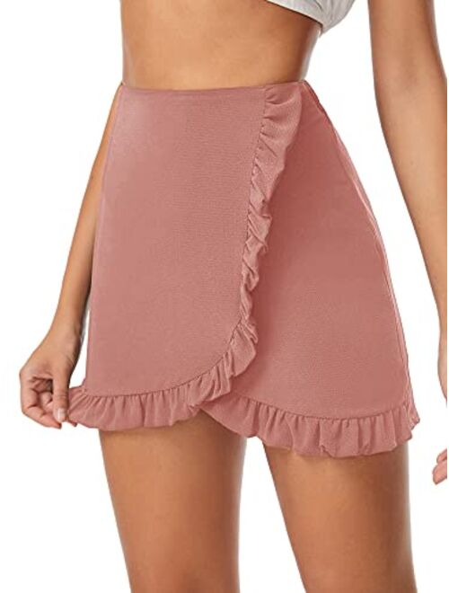 SheIn Women's Mid Waist Ruffle Wrap Skorts Asymmetrical Plain Skirt Shorts