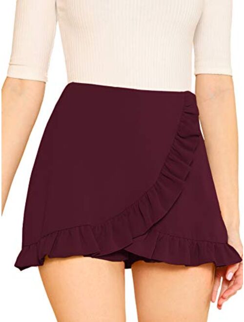SheIn Women's Mid Waist Ruffle Wrap Skorts Asymmetrical Plain Skirt Shorts
