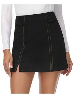 Women Faux Suede High Waist Skirt Vintage Split A-line Fall Mini Skirt