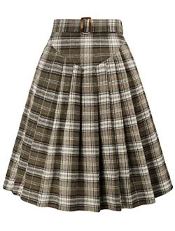 Women Plaid Midi Skirt Vintage Pleated Skirt with Pockets & Belts