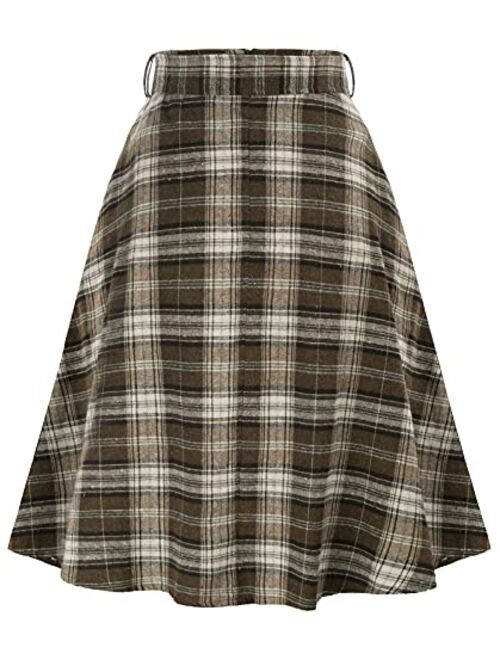 Belle Poque Women Plaid Midi Skirt Vintage Pleated Skirt with Pockets & Belts