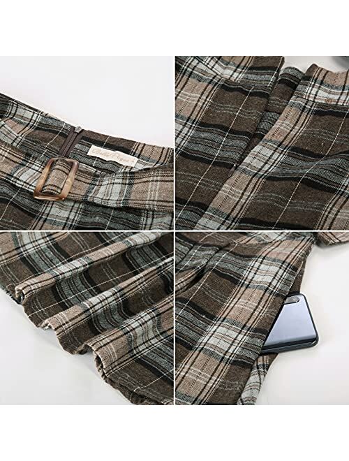 Belle Poque Women Plaid Midi Skirt Vintage Pleated Skirt with Pockets & Belts