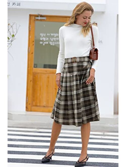 Belle Poque Women Plaid Midi Skirt Vintage Pleated Skirt with Pockets & Belts