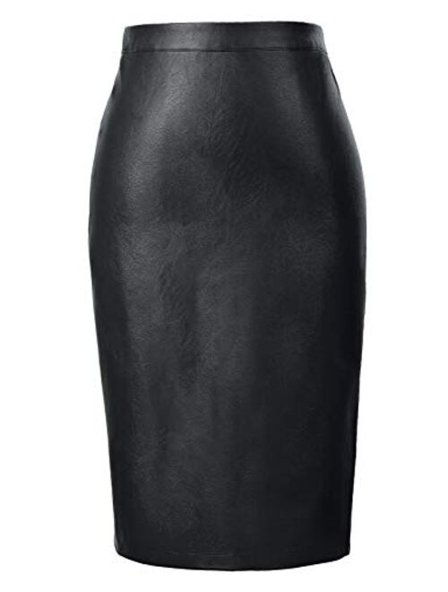 Kate Kasin Women's Faux Leather Pencil Skirt Elegant High Waist Bodycon Skirt Back Split