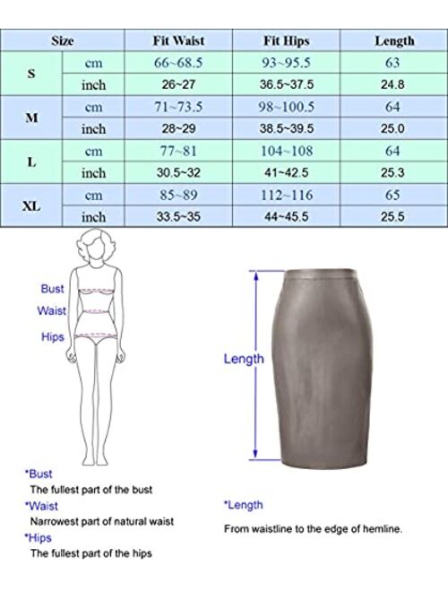 Kate Kasin Women's Faux Leather Pencil Skirt Elegant High Waist Bodycon Skirt Back Split
