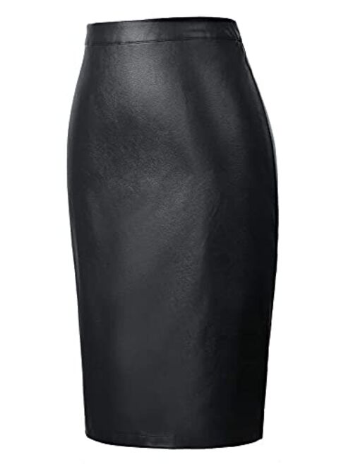 Kate Kasin Women's Faux Leather Pencil Skirt Elegant High Waist Bodycon Skirt Back Split
