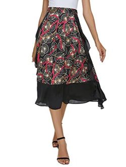 Women's Vintage Printed High Waist A-Line Pleated Patchwork Midi Skirts