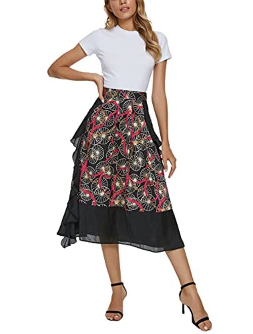 Urban CoCo Women's Vintage Printed High Waist A-Line Pleated Patchwork Midi Skirts