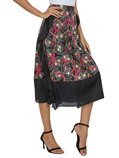 Urban CoCo Women's Vintage Printed High Waist A-Line Pleated Patchwork Midi Skirts