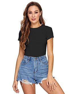 Women's Solid Basic Tee Round Neck Short Sleeve Slim Fit T-Shirt Tops