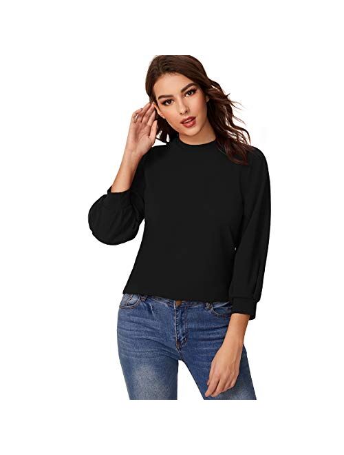 SheIn Women's 3/4 Long Sleeve Casual Office Blouse for Work Round Neck Top Plain Shirt