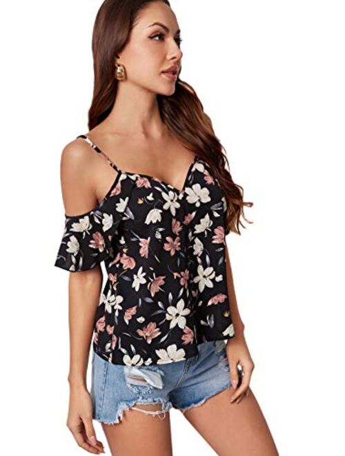 SheIn Women's Cold Shoulder Ditsy Floral Short Sleeve Ruffles Blouse Tops