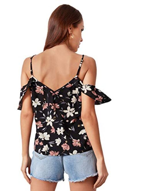 SheIn Women's Cold Shoulder Ditsy Floral Short Sleeve Ruffles Blouse Tops