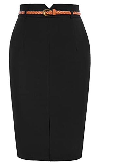 Belle Poque Women's High Waisted Pencil Skirts Slit Office Business Pencil Skirt with Belt