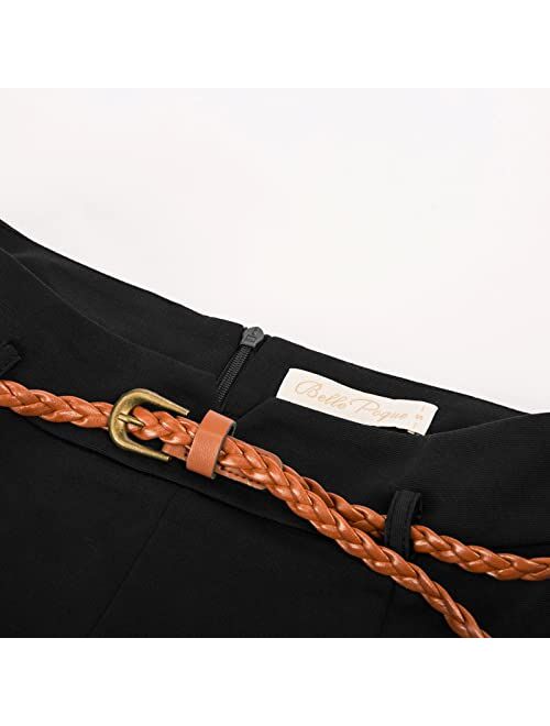 Belle Poque Women's High Waisted Pencil Skirts Slit Office Business Pencil Skirt with Belt
