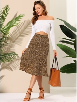 Women's Floral Midi Skirt Peasant Elastic Waist A-Line Ditsy Leave Print Skirts