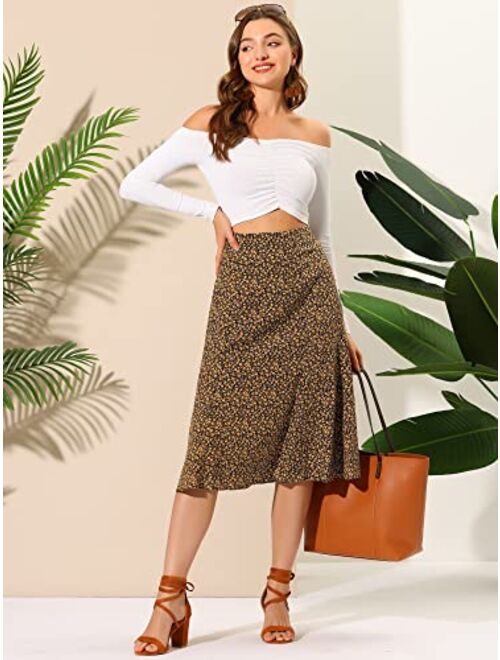 Allegra K Women's Floral Midi Skirt Peasant Elastic Waist A-Line Ditsy Leave Print Skirts