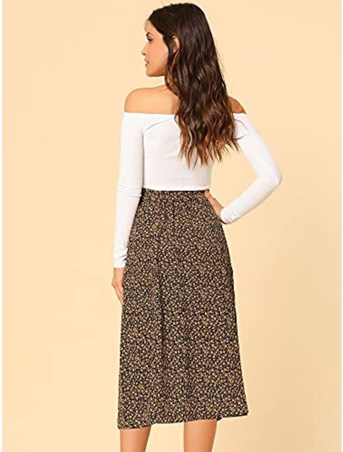 Allegra K Women's Floral Midi Skirt Peasant Elastic Waist A-Line Ditsy Leave Print Skirts