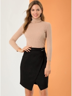 Women's A-Line Knee Length Front Slit Wrap Faux Suede Skirt
