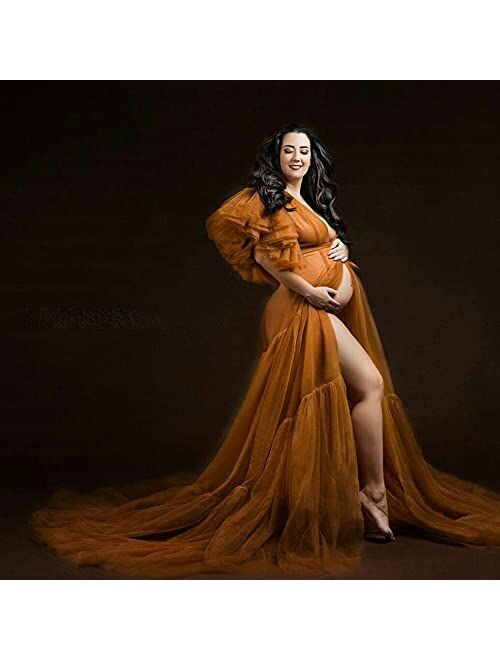 Tianzhihe Sheer Maternity Tulle Robe for Photoshoot Pregnant Baby Shower Gown Lingerie Bridal Wedding Scraf