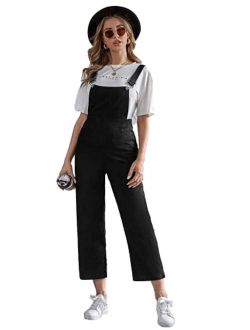 Women's Pocket Front Corduroy Cropped Pants Overalls Pinafore Jumpsuit
