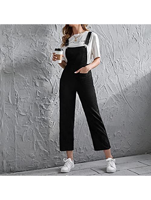 SheIn Women's Pocket Front Corduroy Cropped Pants Overalls Pinafore Jumpsuit