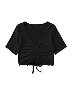 Women's V Neck Short Sleeve Drawstring Front Solid Crop Tops