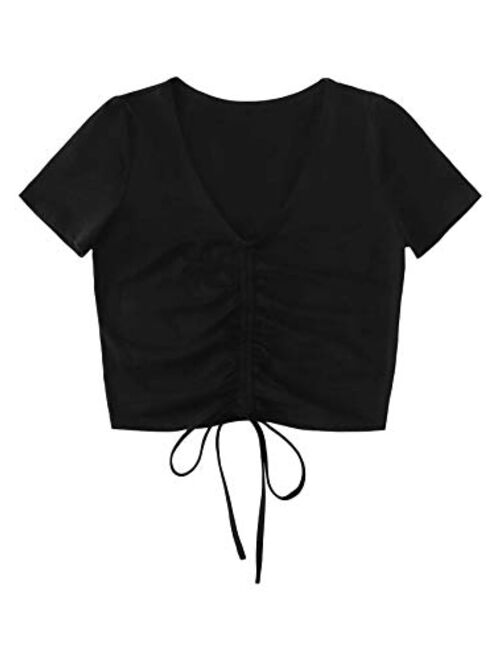SheIn Women's V Neck Short Sleeve Drawstring Front Solid Crop Tops
