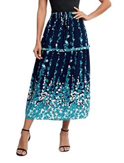 Women's Casual Elastic Waist Floral Print Pleated Maxi Skirt with Pocket