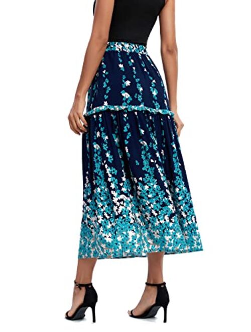 Urban CoCo Women's Casual Elastic Waist Floral Print Pleated Maxi Skirt with Pocket