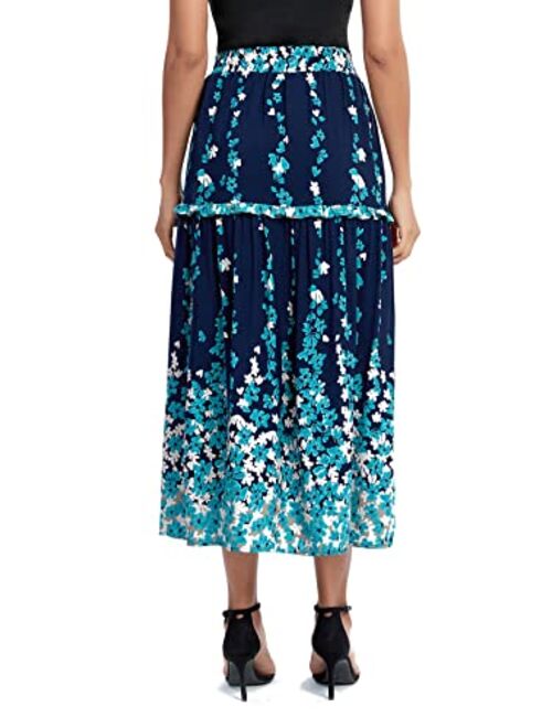Urban CoCo Women's Casual Elastic Waist Floral Print Pleated Maxi Skirt with Pocket