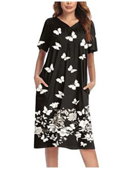 Women's Nightgown Short Sleeve Lounger House Dress-Floral Mumu Patio Dress with Pockets S-XXXL