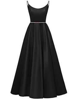 Tianzhihe Spaghetti Straps Prom Dresses Long Beaded Belt Satin Juniors Ball Gown Formal Party Evening Dress