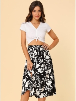 Women's Slits Front High Waist A-Line Belted Floral Flowy Midi Skirt