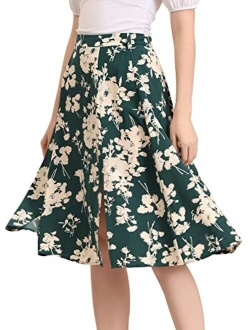 Women's Slits Front High Waist A-Line Belted Floral Flowy Midi Skirt