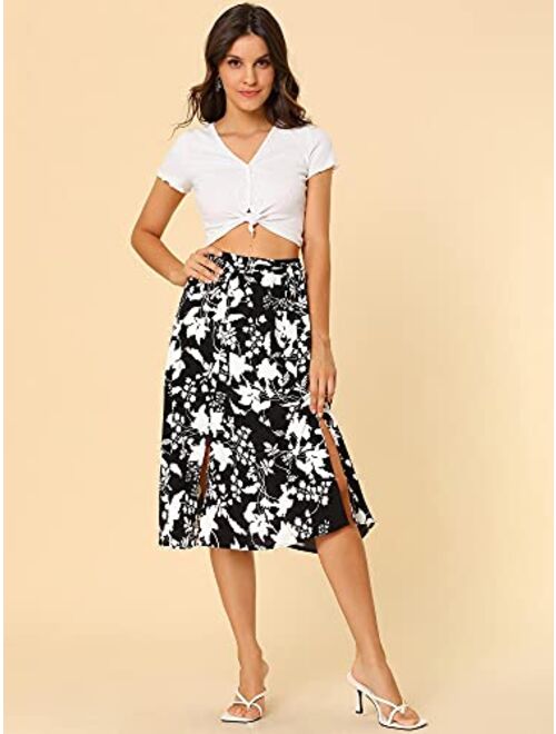 Allegra K Women's Slits Front High Waist A-Line Belted Floral Flowy Midi Skirt