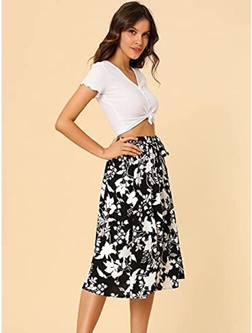 Allegra K Women's Slits Front High Waist A-Line Belted Floral Flowy Midi Skirt