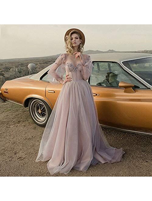 Tianzhihe Women Vintage Ball Gowns Tulle Formal Prom Evening Dress Puffy Long Sleeve Sweetheart Princess Wedding Dresses