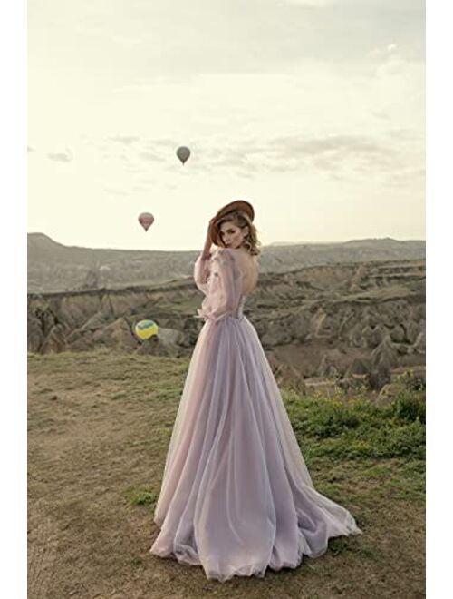 Tianzhihe Women Vintage Ball Gowns Tulle Formal Prom Evening Dress Puffy Long Sleeve Sweetheart Princess Wedding Dresses