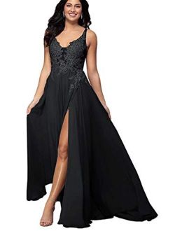Tianzhihe Women's Lace Applique Long Bridesmaid Dress Chiffon Split V Neck Formal Prom Party Gown