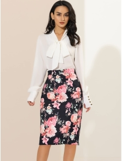Women's Floral Elastic Waistband Bodycon Pencil Skirt with Back Slit
