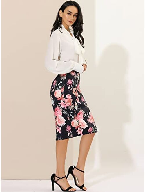 Allegra K Women's Floral Elastic Waistband Bodycon Pencil Skirt with Back Slit