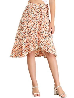 Women's Floral Tie Waist Asymmetric Summer Ruffle Wrap Skirt