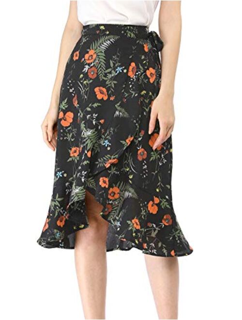 Allegra K Women's Floral Tie Waist Asymmetric Summer Ruffle Wrap Skirt