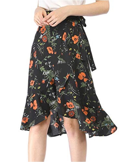 Allegra K Women's Floral Tie Waist Asymmetric Summer Ruffle Wrap Skirt