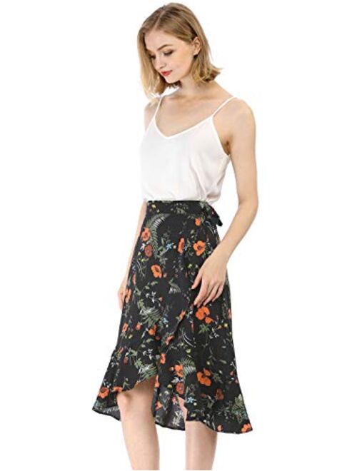 Allegra K Women's Floral Tie Waist Asymmetric Summer Ruffle Wrap Skirt