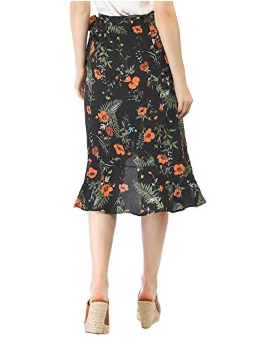 Allegra K Women's Floral Tie Waist Asymmetric Summer Ruffle Wrap Skirt